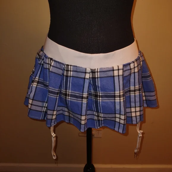 SOLD--Blue Plaid Pleated Micro Mini Skirt - Picture 8 of 15